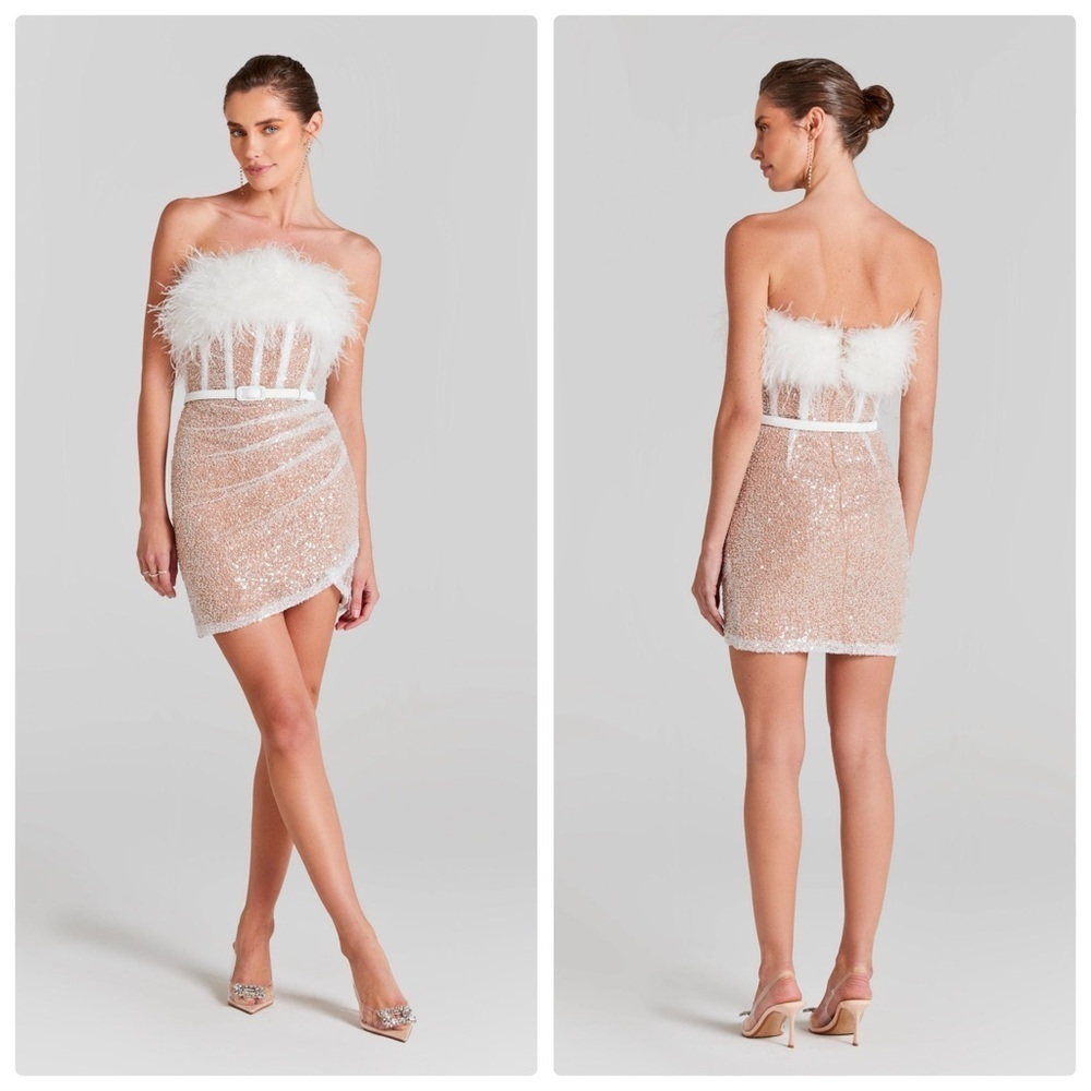 Nadine Merabi Lucie White Feather Sequin Mini Dress Strapless Size L NWT​